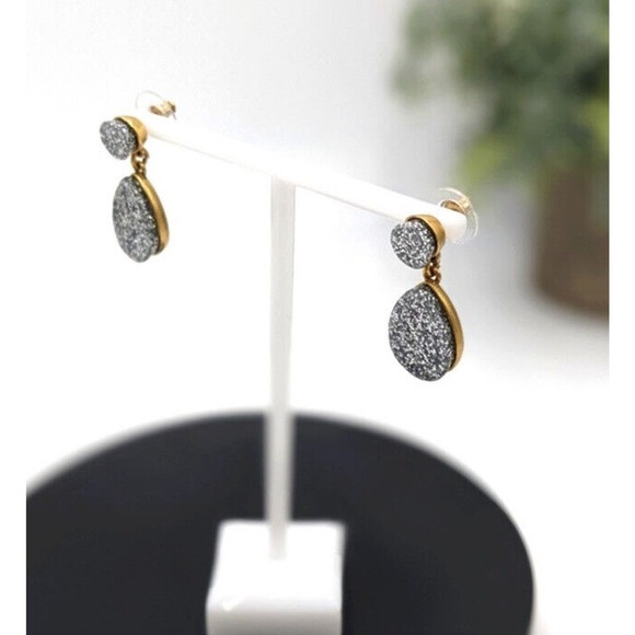 J. Crew Glittery Silver Tear Drop Shaped Druzy Like Smooth Gold Tone Earrings - Picture 2 of 11